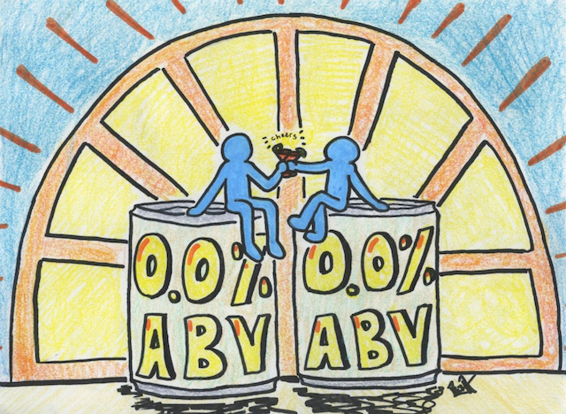 Two stick figures cheersing in front of an upside down Dray logo on 0.0% ABV cans